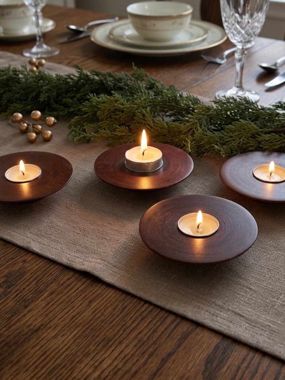 Set of 4 wood tealight candle holders vintage wooden round